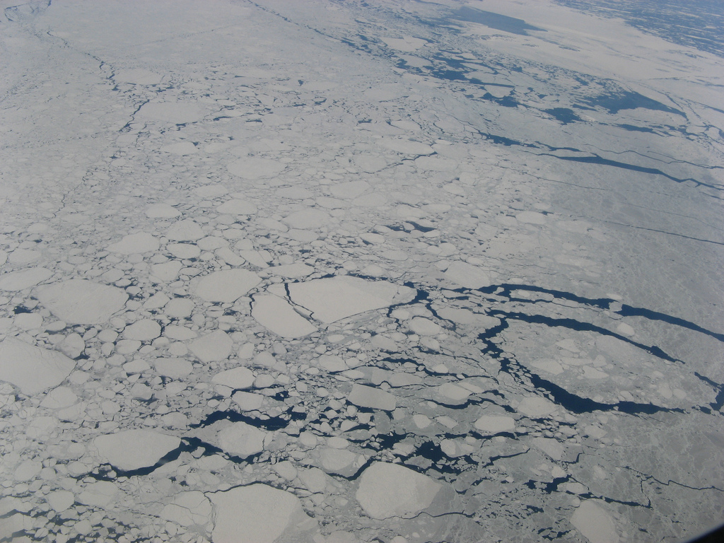 Sea ice with open water leads in Labrador, Canada. Photo: Wikipedia