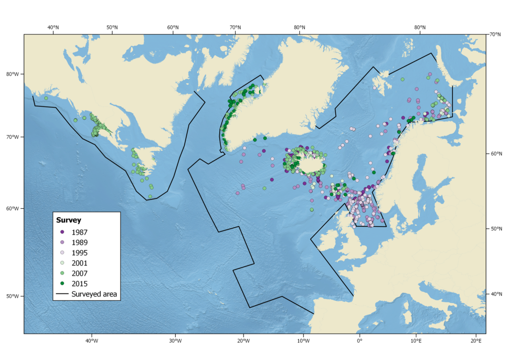 Map of porpoise sightings in the North Atlantic from 1987 to 2015
