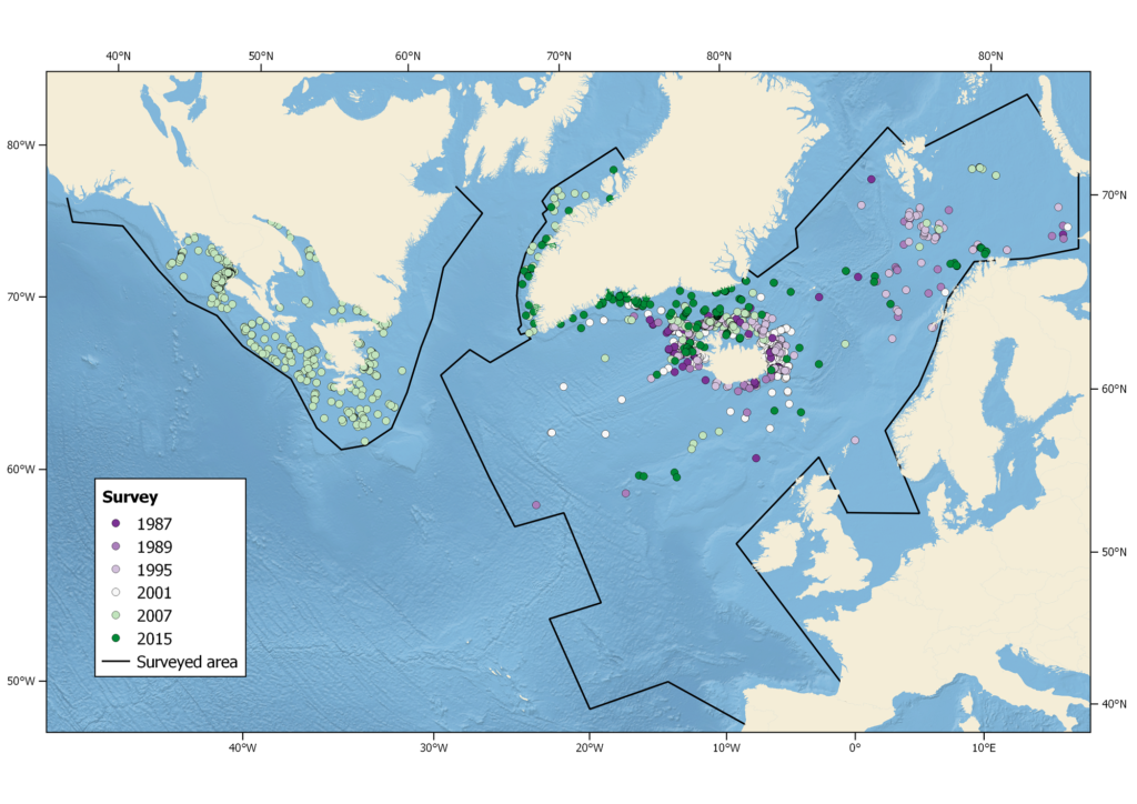 Map of summer sightings of humpbacks in the North Atlantic between 1987 and 2015
