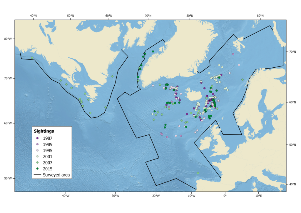 Map of sighitings of northern Bottlenose Whale in the North Atlantic between 1987 and 2015