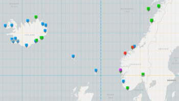 The map shows Iceland and the south of Norway with strandings of common dolphins recorded in Iceland and Norway.